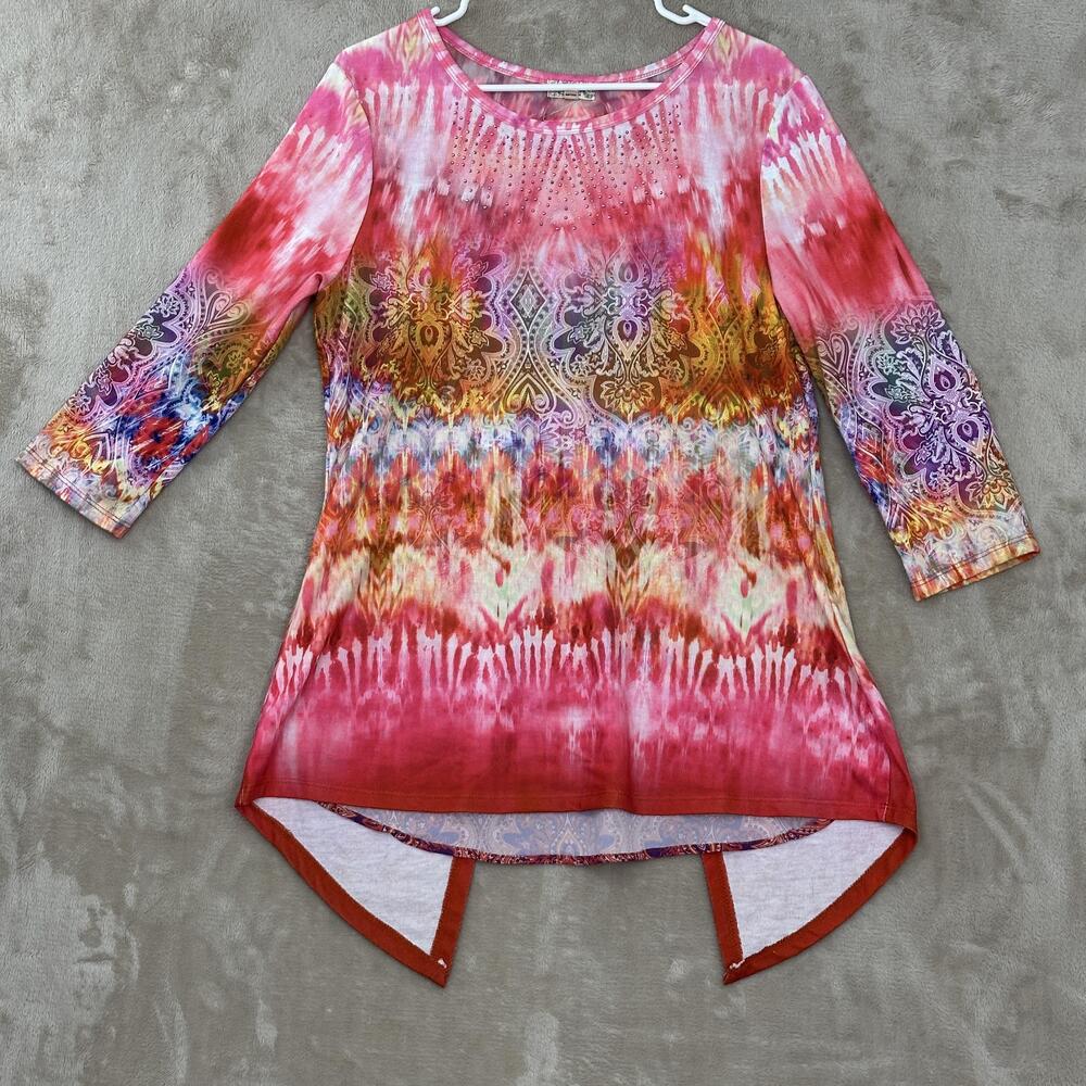 One World Tunic Top Womens Large Multicolor Tie Dye Rhinestone Boho 3/4 Sleeve
